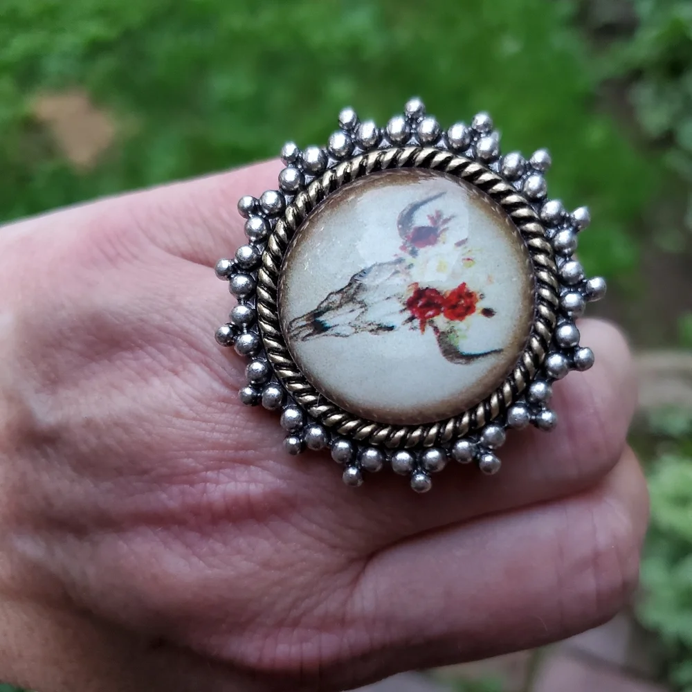 south western Cow Skull Steerhead Bubble Dome boho rustic Statement Ring  nwt